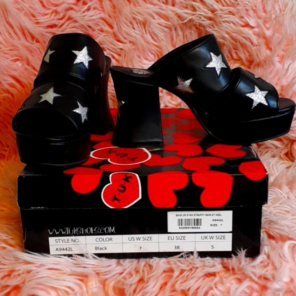 TUK black platform mule sandals with silver stars size 7 US